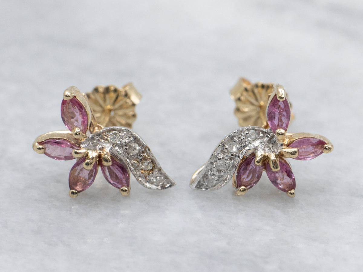 Marquise-Cut Ruby and Diamond Two-Tone Gold Floral Stud Earrings