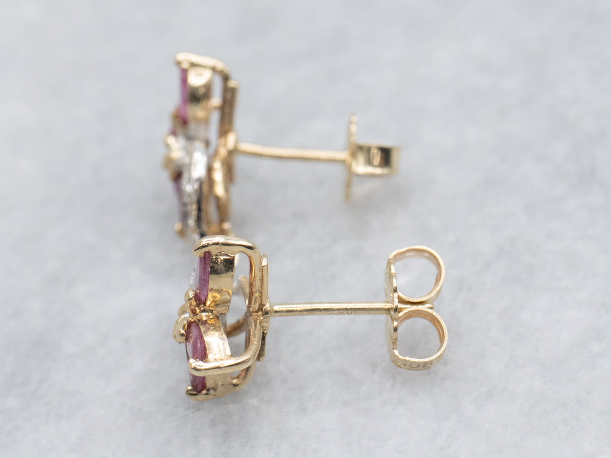 Marquise-Cut Ruby and Diamond Two-Tone Gold Floral Stud Earrings