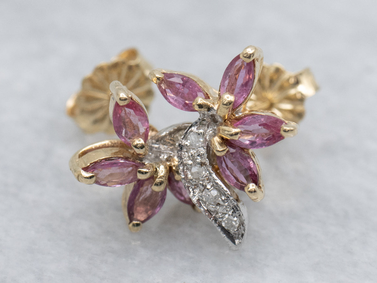 Marquise-Cut Ruby and Diamond Two-Tone Gold Floral Stud Earrings