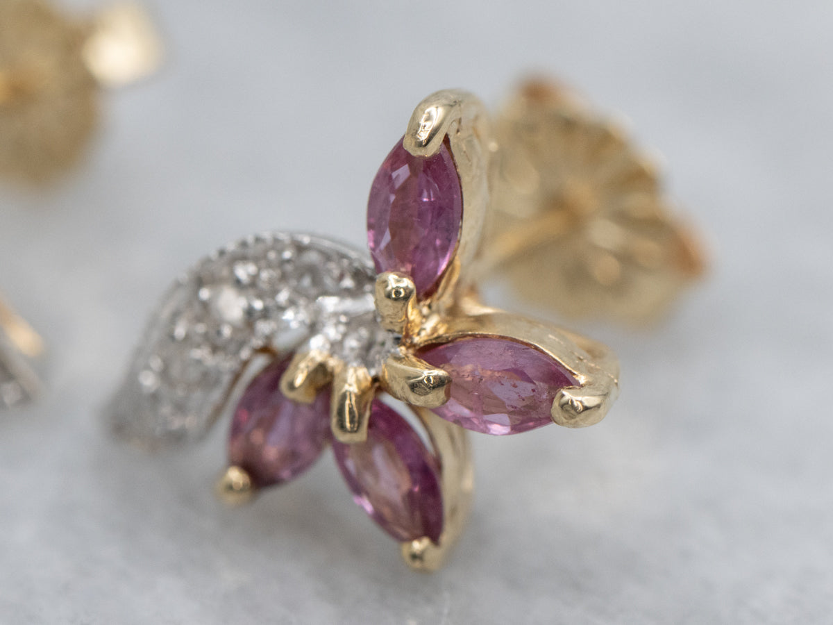 Marquise-Cut Ruby and Diamond Two-Tone Gold Floral Stud Earrings