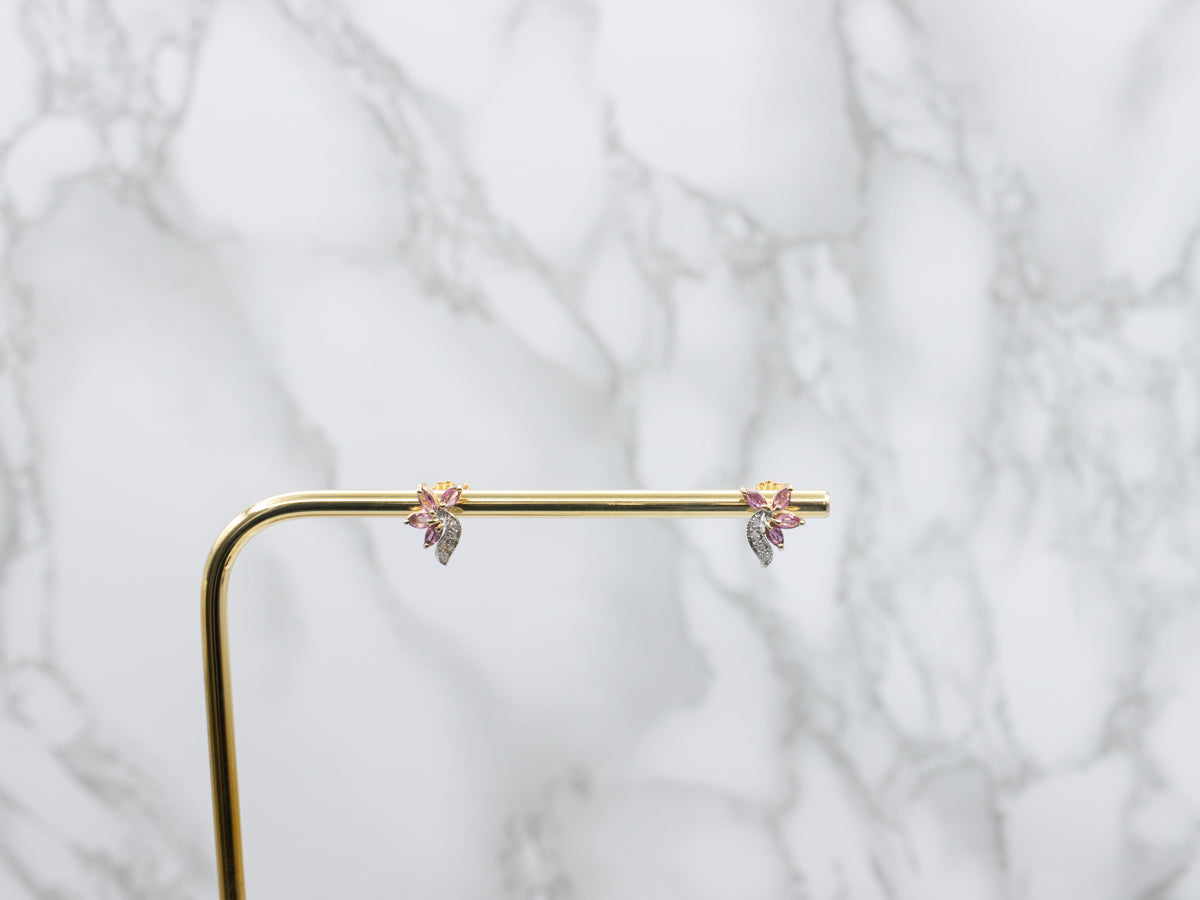 Marquise-Cut Ruby and Diamond Two-Tone Gold Floral Stud Earrings