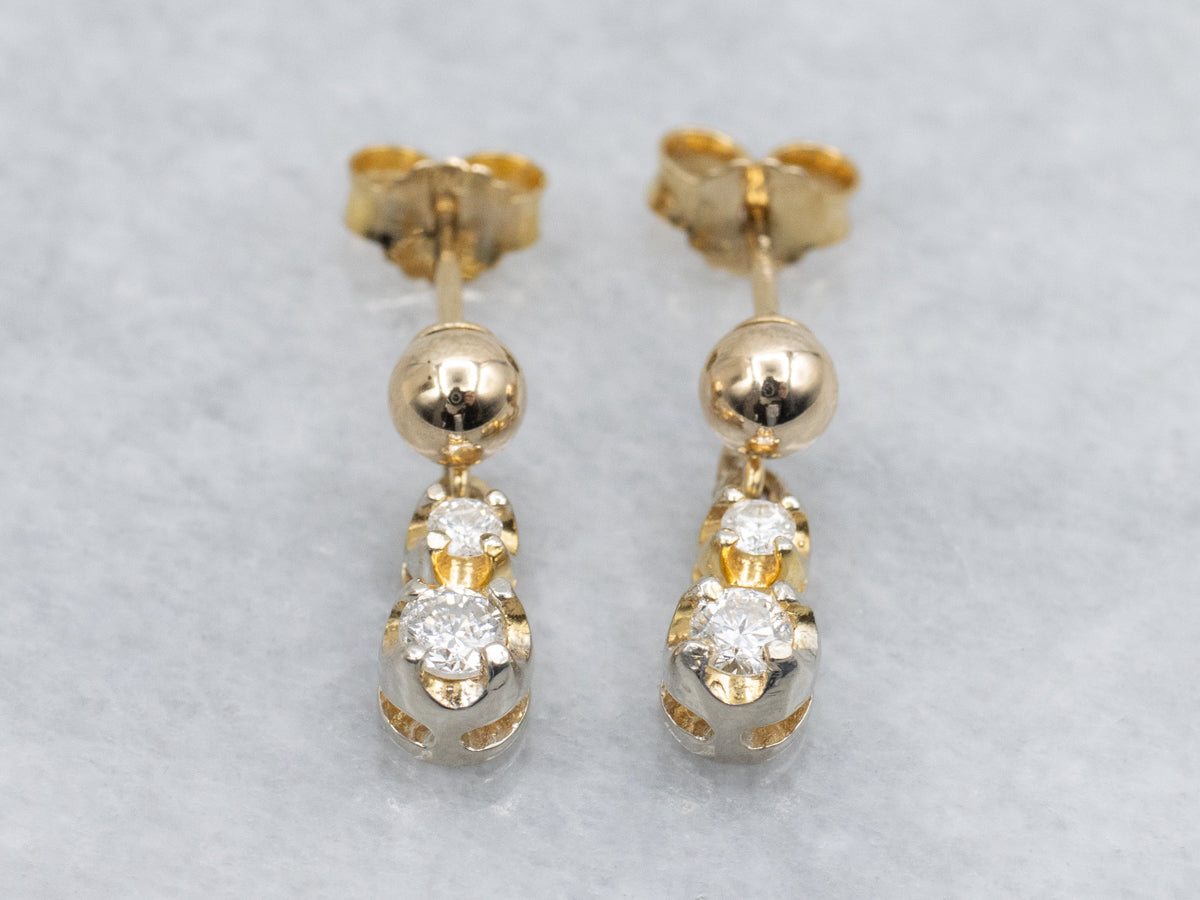 Double Diamond and Polished Ball Italian Gold Drop Stud Earrings
