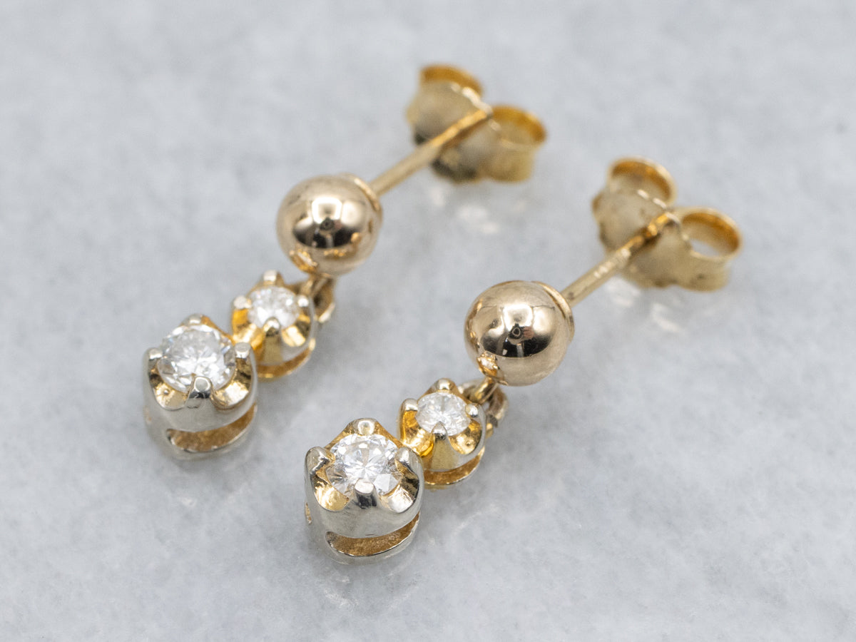 Double Diamond and Polished Ball Italian Gold Drop Stud Earrings