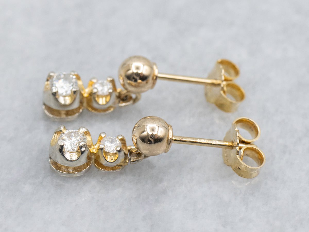 Double Diamond and Polished Ball Italian Gold Drop Stud Earrings