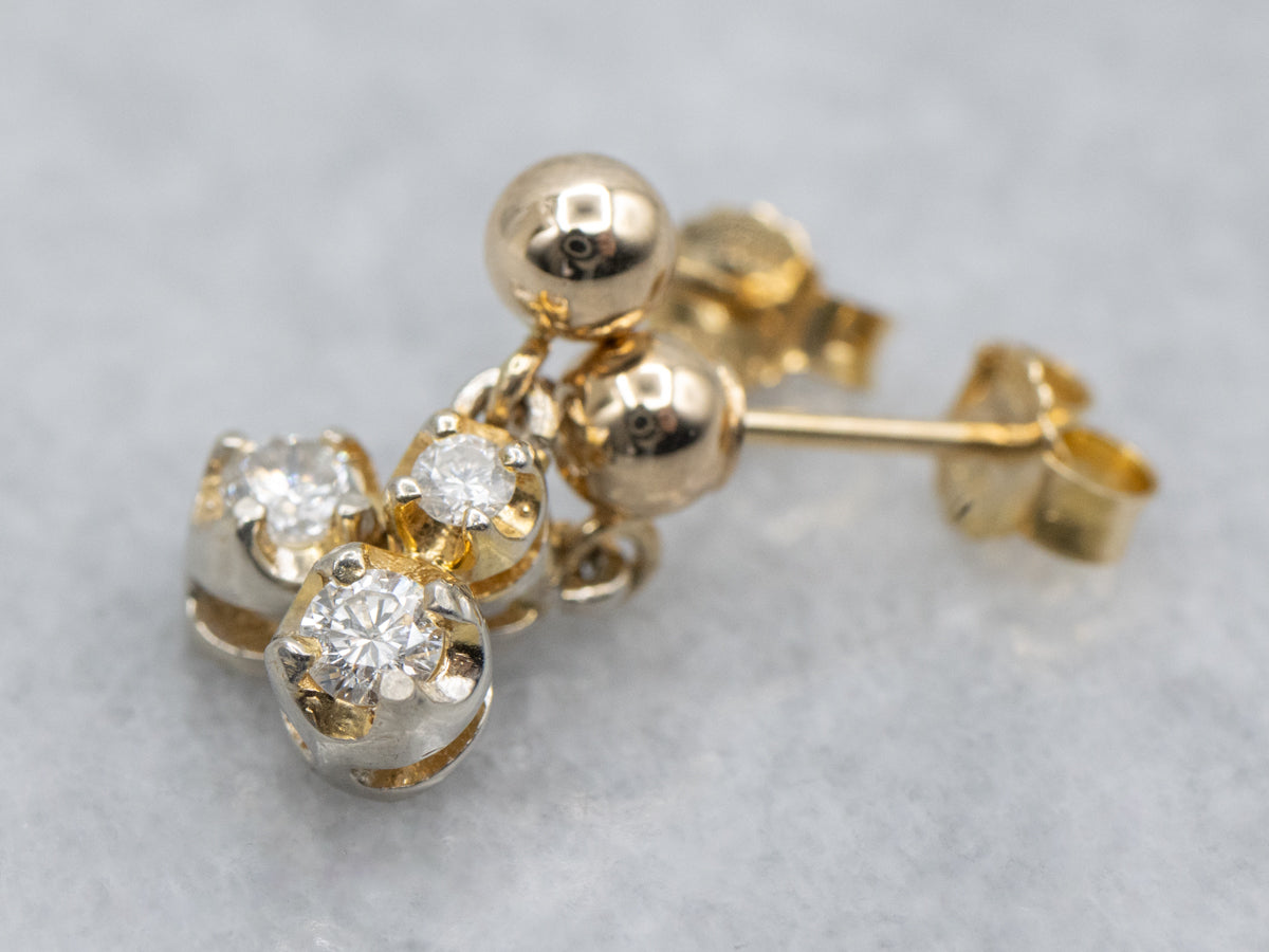 Double Diamond and Polished Ball Italian Gold Drop Stud Earrings