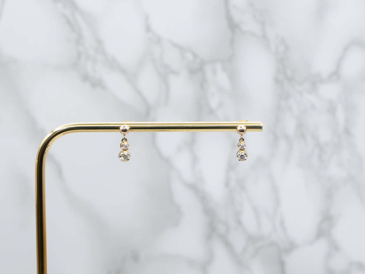 Double Diamond and Polished Ball Italian Gold Drop Stud Earrings