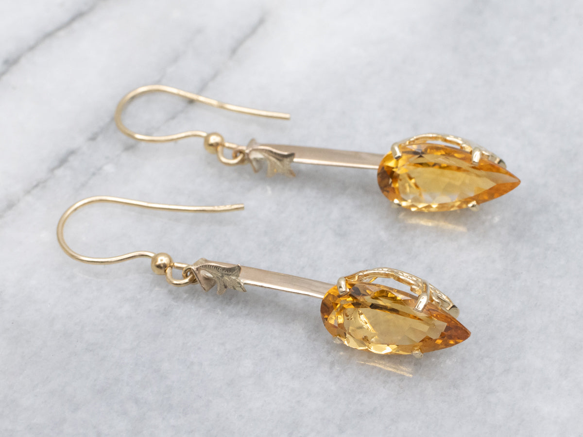 Pear-Cut Citrine Yellow Gold Bar Drop Earrings