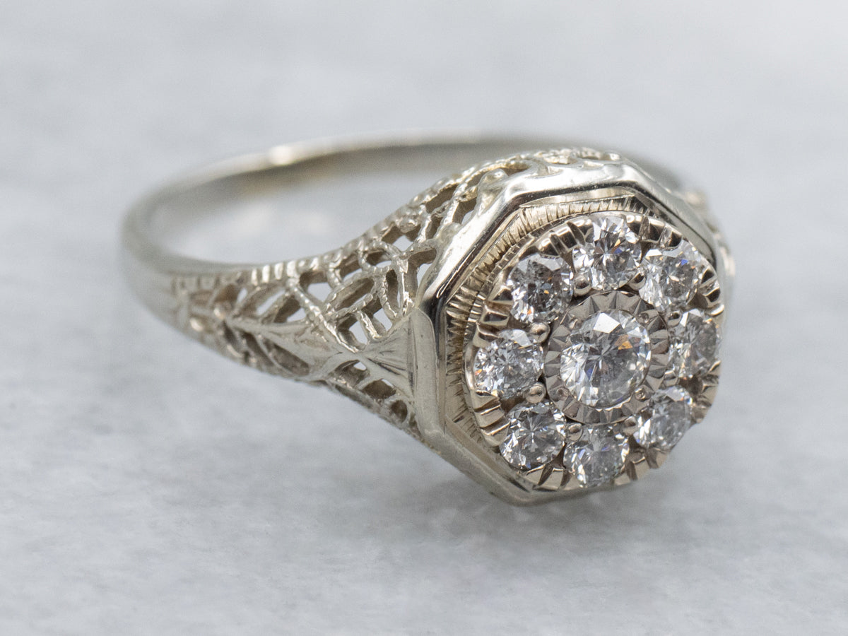 1920s Diamond Cluster Gold Filigree Ring