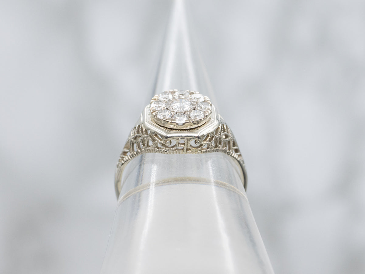 1920s Diamond Cluster Gold Filigree Ring