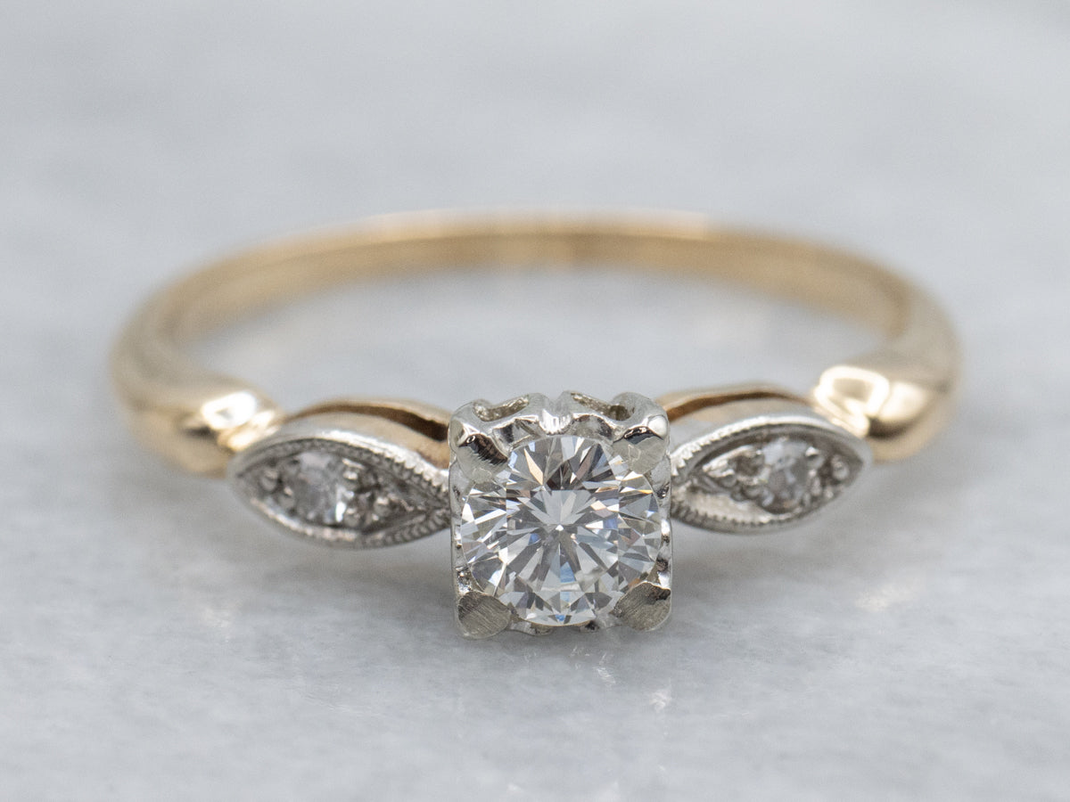 Retro 1950s Diamond Engagement Ring with Scalloped Diamond Accents