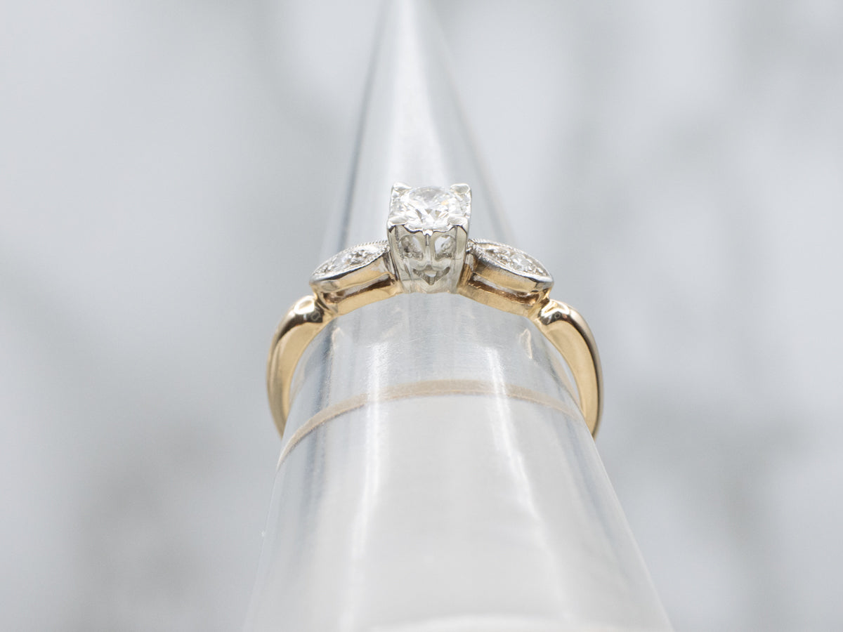 Retro 1950s Diamond Engagement Ring with Scalloped Diamond Accents