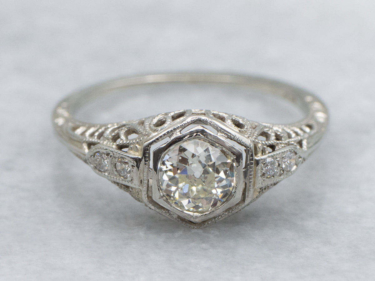 Old Mine Cut Diamond Art Deco Engagement Ring with Diamond Accents
