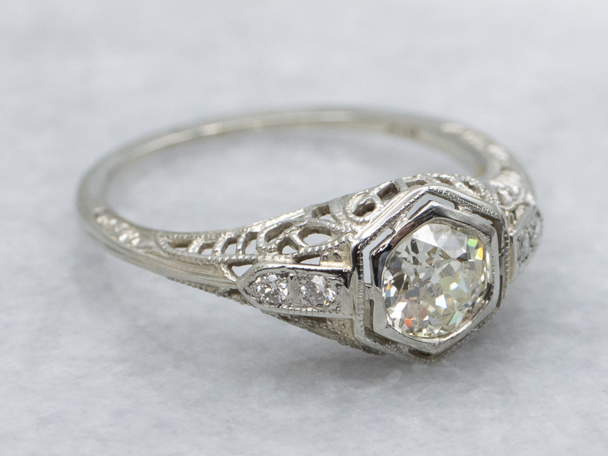 Old Mine Cut Diamond Art Deco Engagement Ring with Diamond Accents