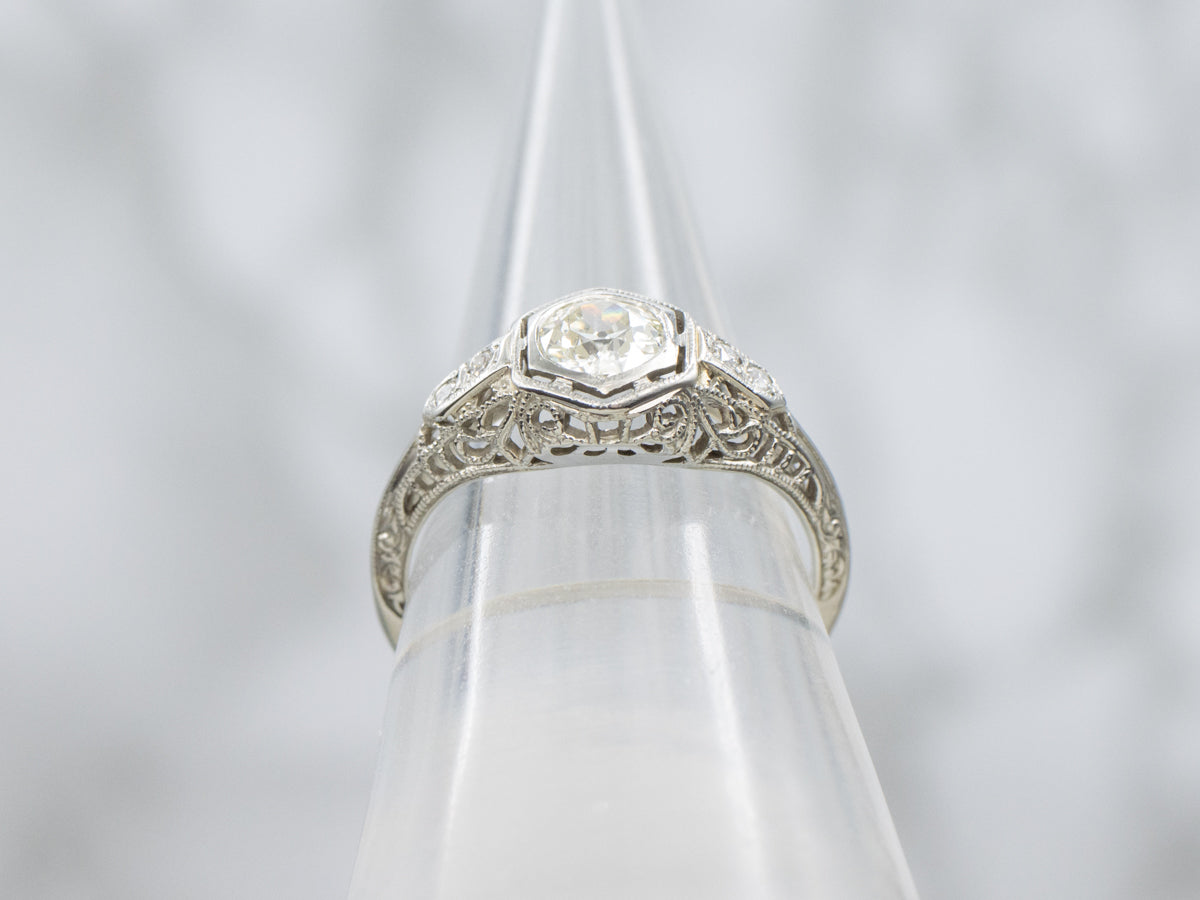 Old Mine Cut Diamond Art Deco Engagement Ring with Diamond Accents