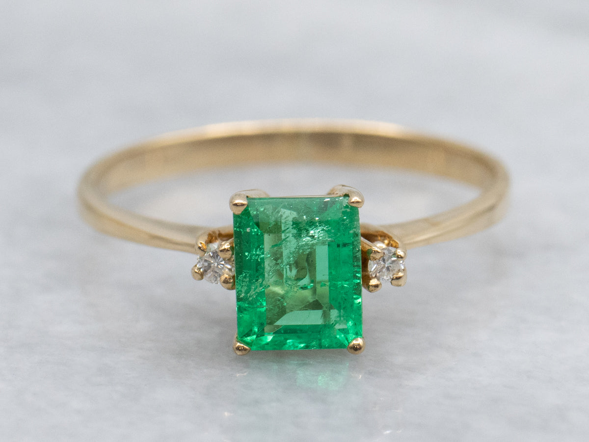 Emerald Diamond and Gold Three Stone Engagement Ring