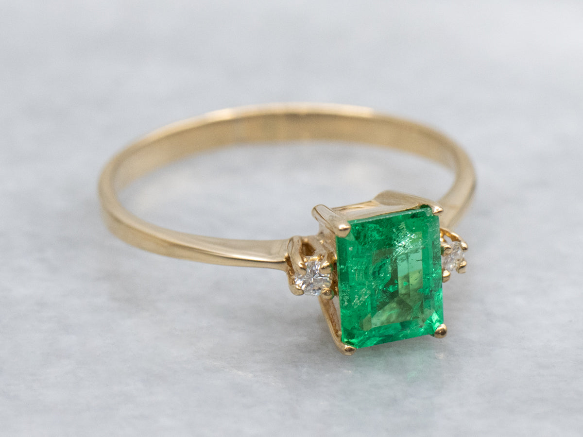 Emerald Diamond and Gold Three Stone Engagement Ring