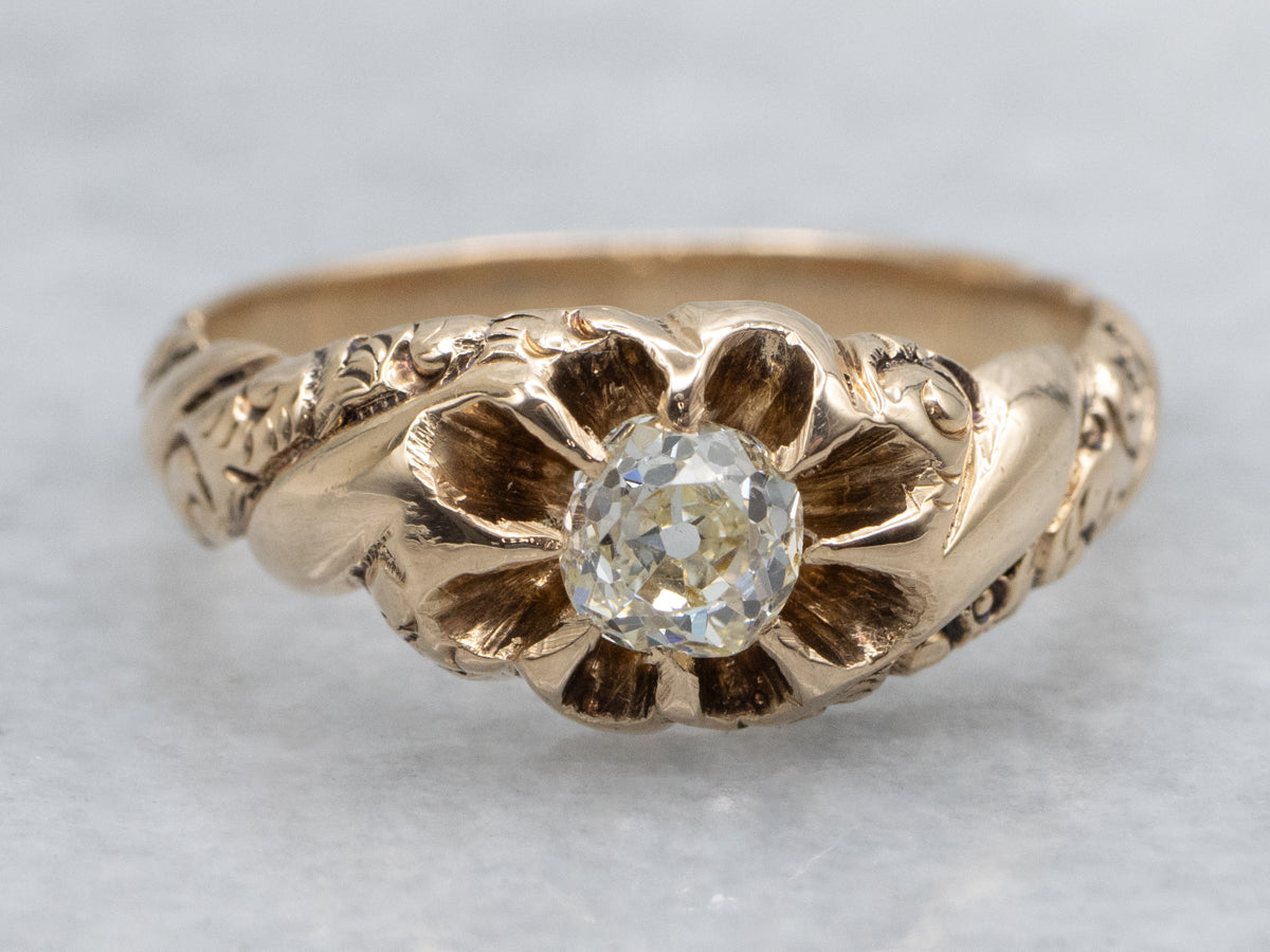 Victorian Era Old Mine Cut Diamond Belcher-Set Carved Engagement Ring