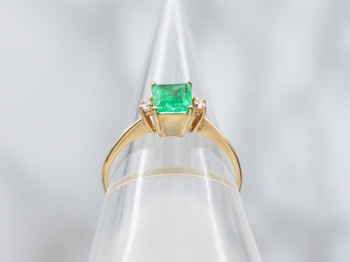 Emerald Diamond and Gold Three Stone Engagement Ring