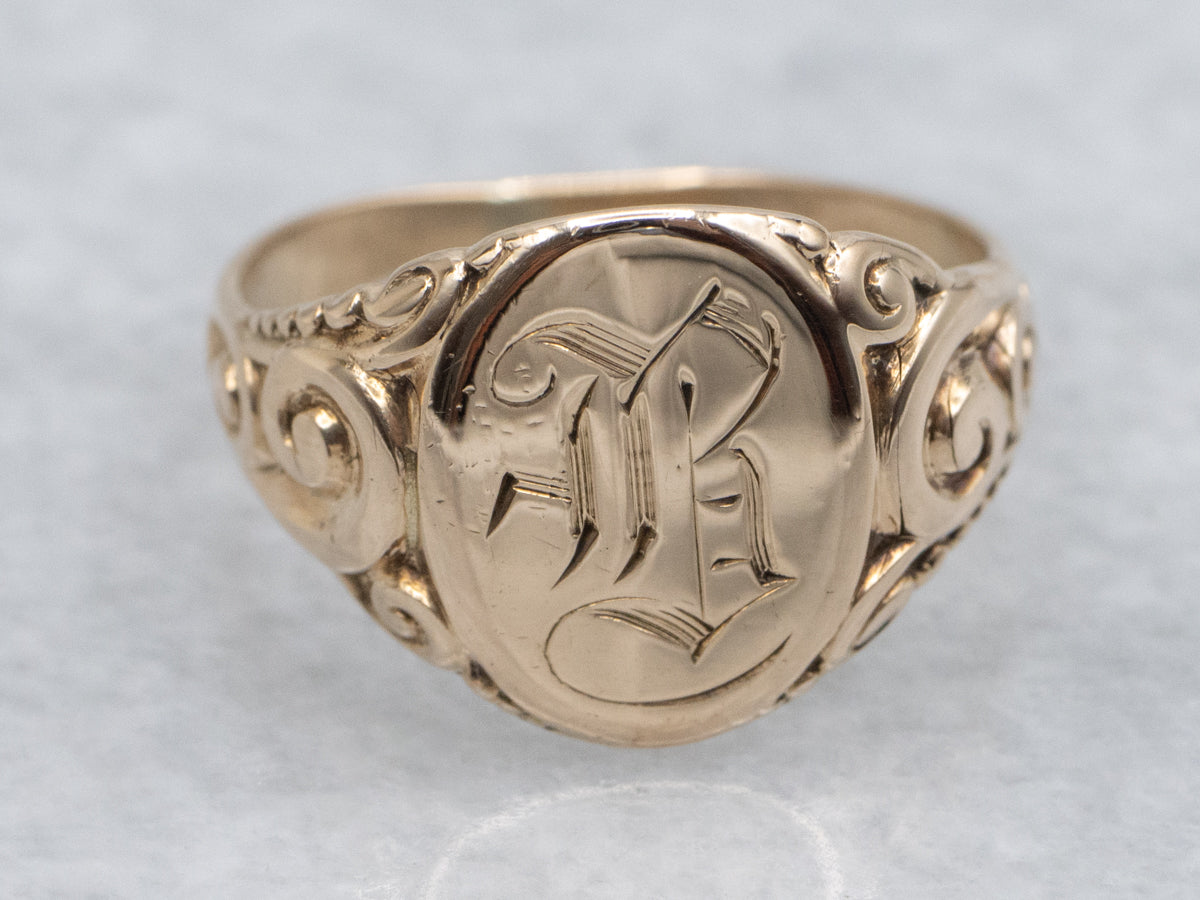 Antique Engraved Gold Letter "B" Signet Ring with Carved Scrolling Motifs