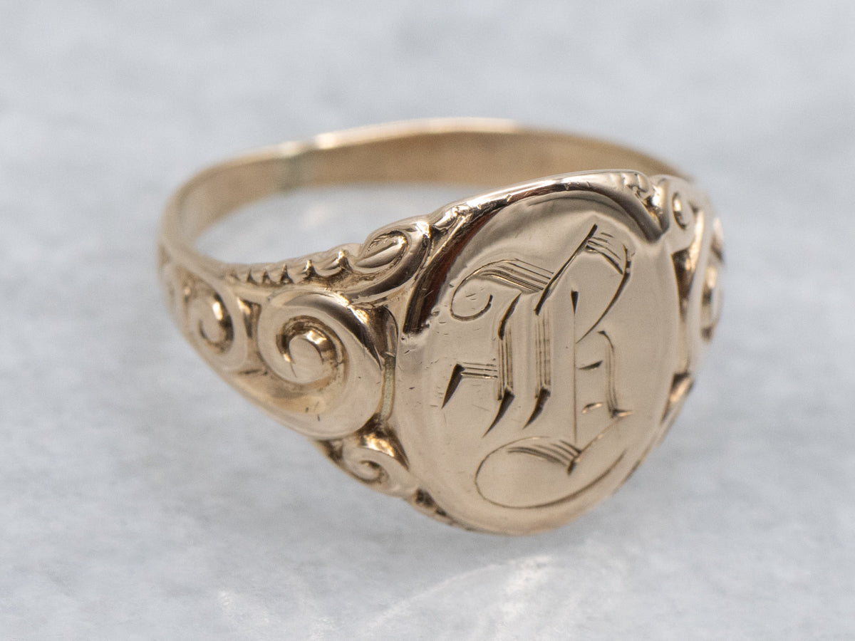 Antique Engraved Gold Letter "B" Signet Ring with Carved Scrolling Motifs