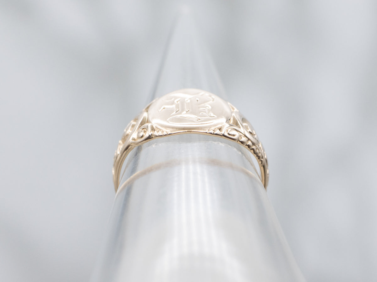 Antique Engraved Gold Letter "B" Signet Ring with Carved Scrolling Motifs