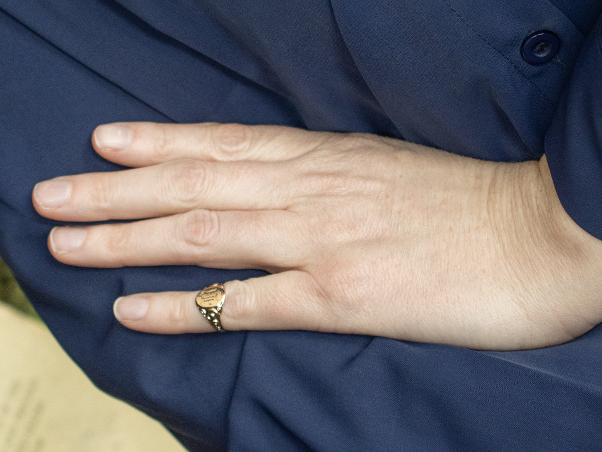 Antique Engraved Gold Letter "B" Signet Ring with Carved Scrolling Motifs