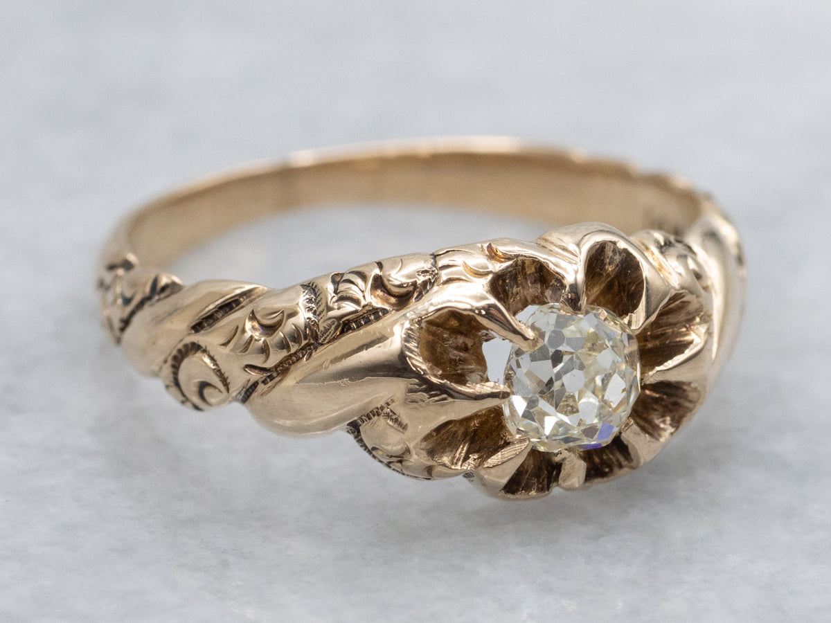 Victorian Era Old Mine Cut Diamond Belcher-Set Carved Engagement Ring