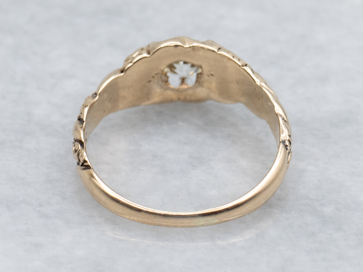 Victorian Era Old Mine Cut Diamond Belcher-Set Carved Engagement Ring