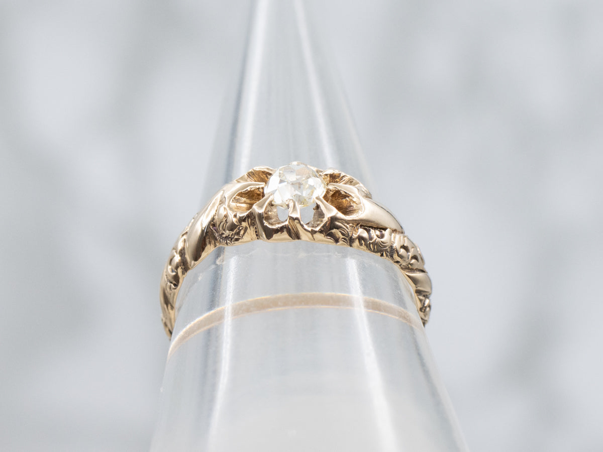 Victorian Era Old Mine Cut Diamond Belcher-Set Carved Engagement Ring