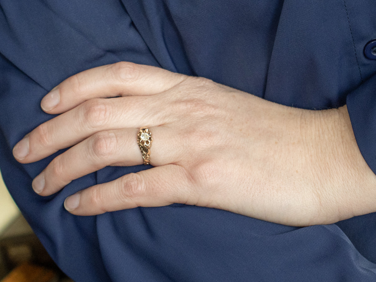 Victorian Era Old Mine Cut Diamond Belcher-Set Carved Engagement Ring