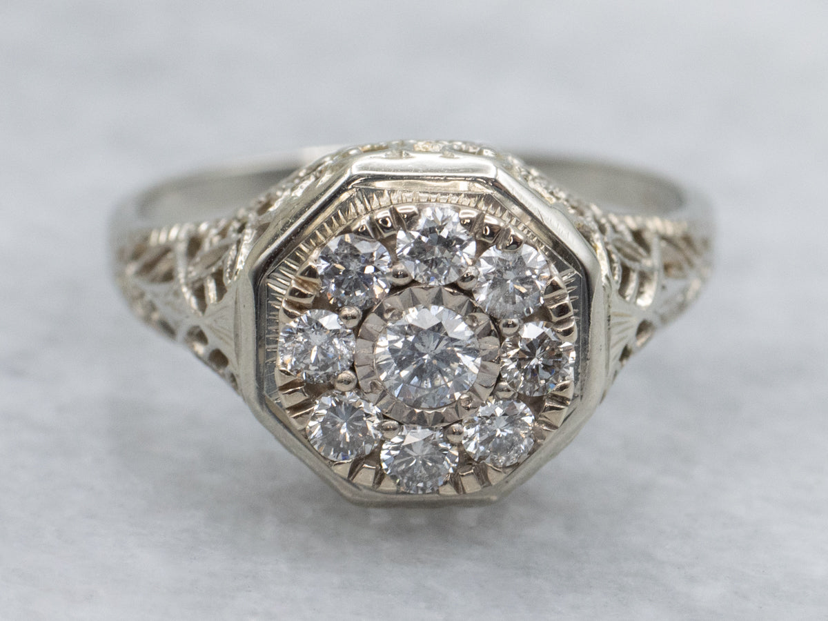 1920s Diamond Cluster Gold Filigree Ring