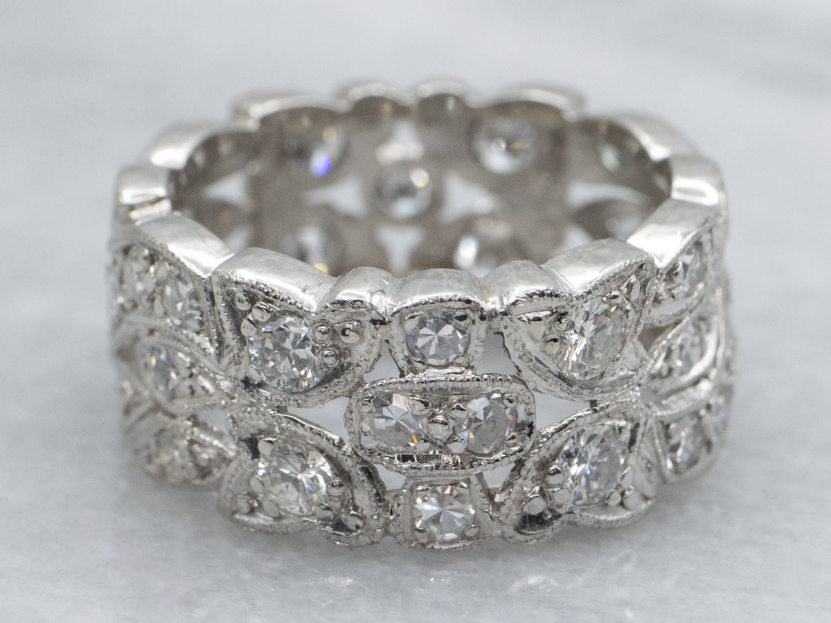 Vintage Platinum and Diamond Pierced Patterned Band