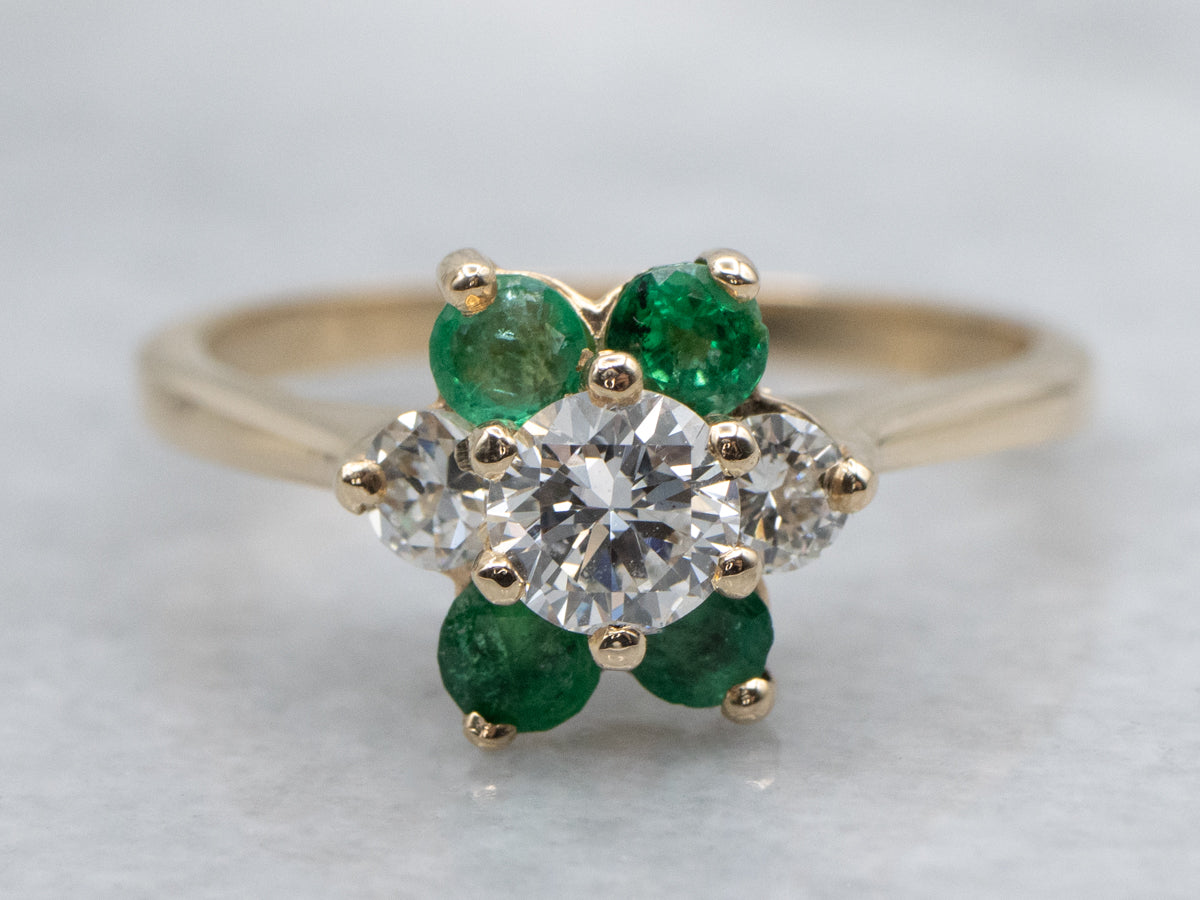 Floral Diamond and Emerald Halo Ring