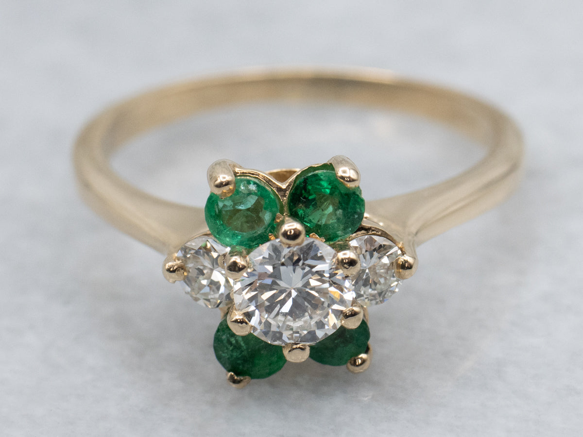 Floral Diamond and Emerald Halo Ring