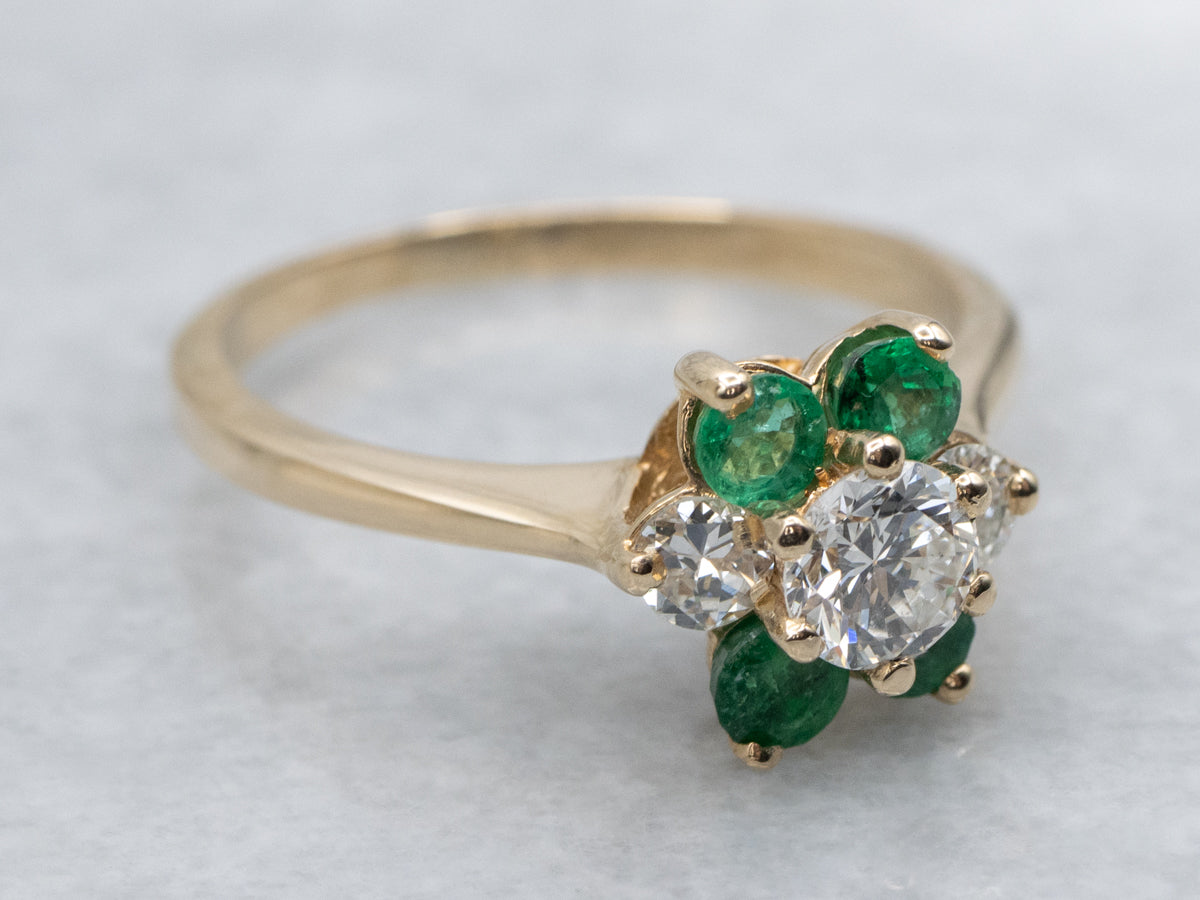Floral Diamond and Emerald Halo Ring