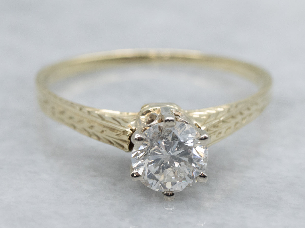 Antique Hand-Engraved Diamond Solitaire Engagement Ring
