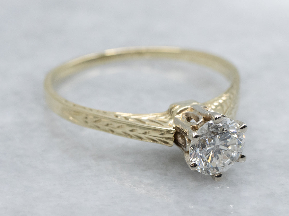 Antique Hand-Engraved Diamond Solitaire Engagement Ring