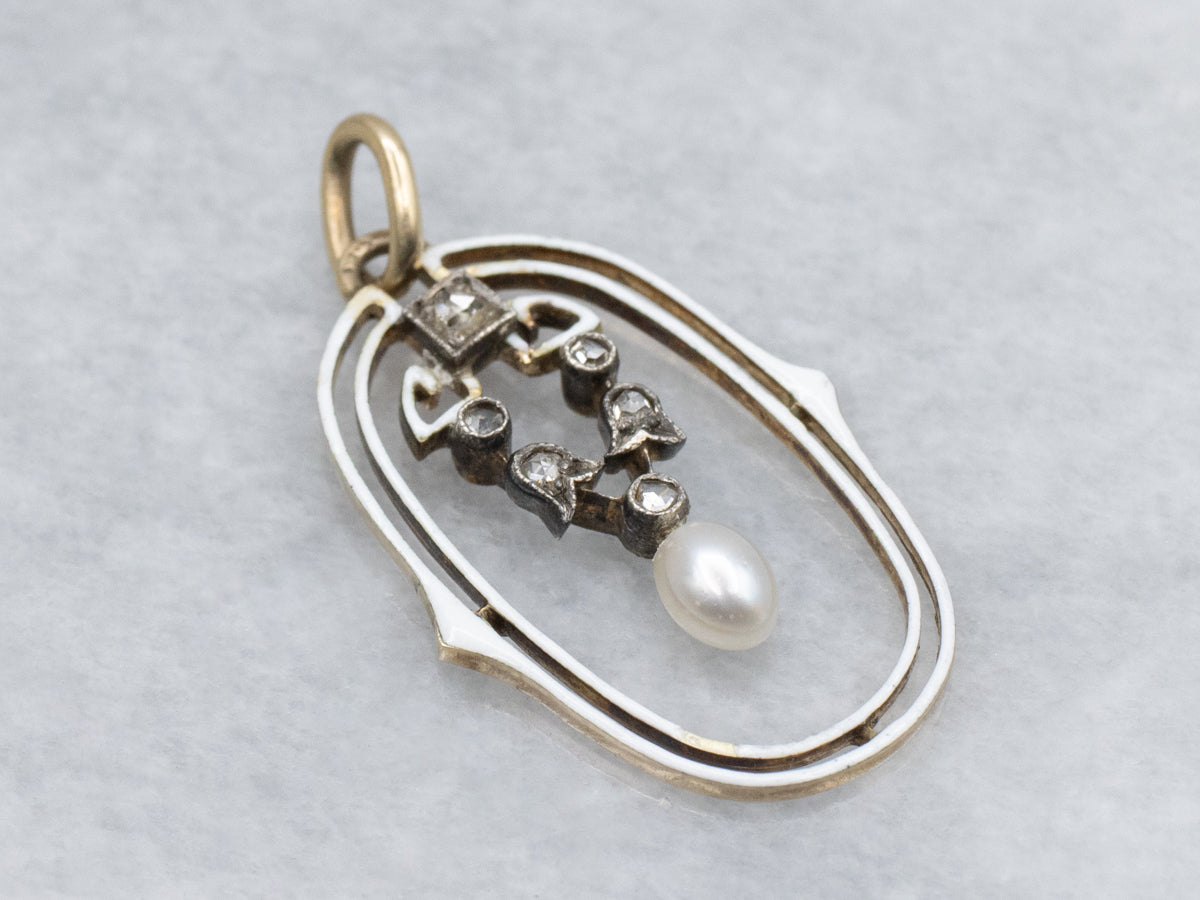 Antique Rose Cut Diamond and Pearl Enamel Pendant