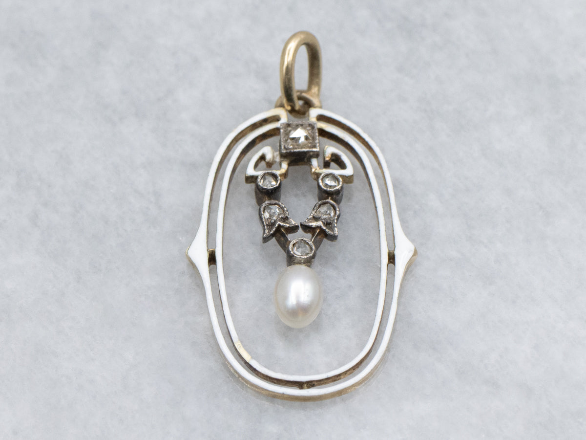 Antique Rose Cut Diamond and Pearl Enamel Pendant