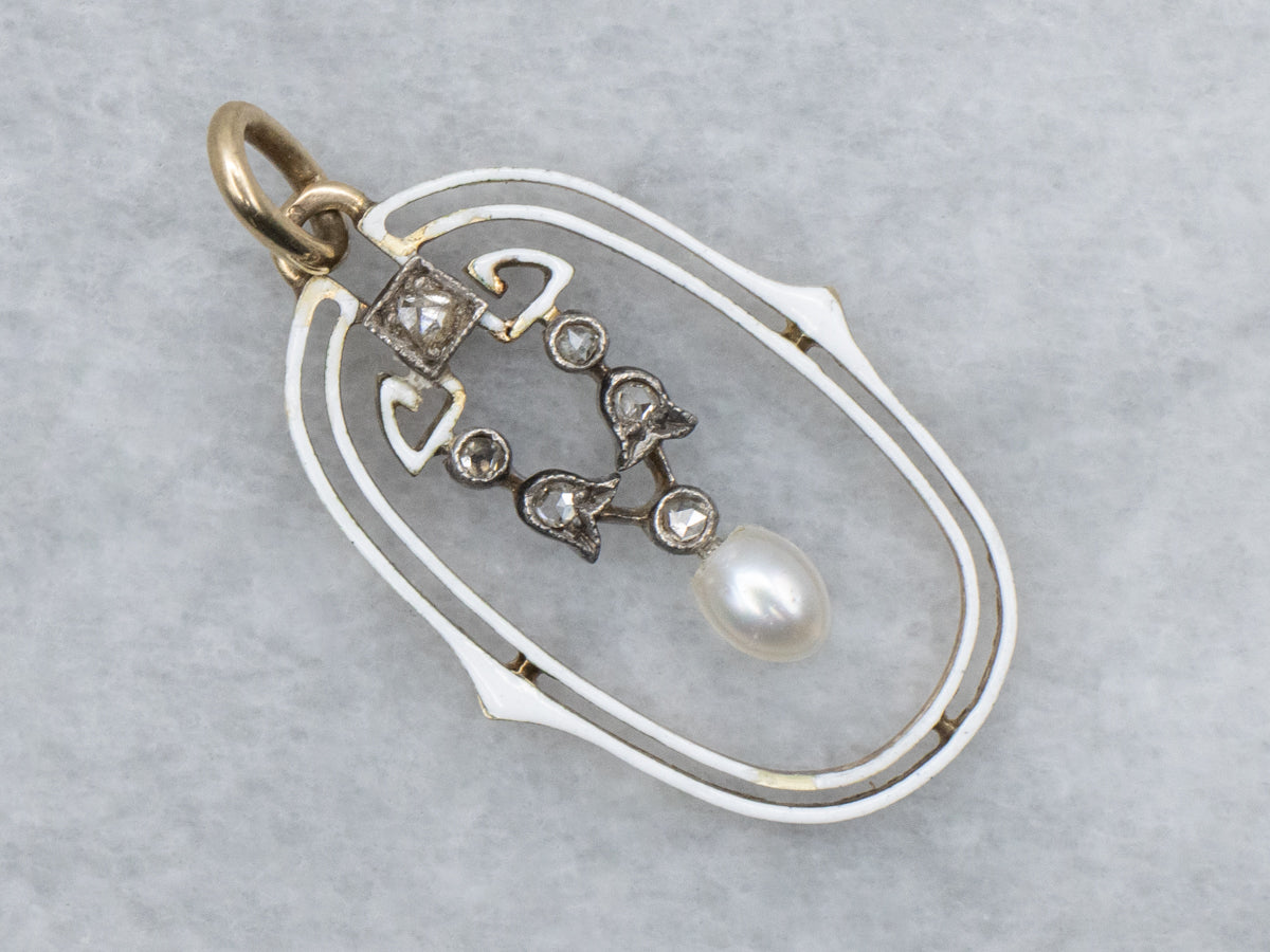 Antique Rose Cut Diamond and Pearl Enamel Pendant