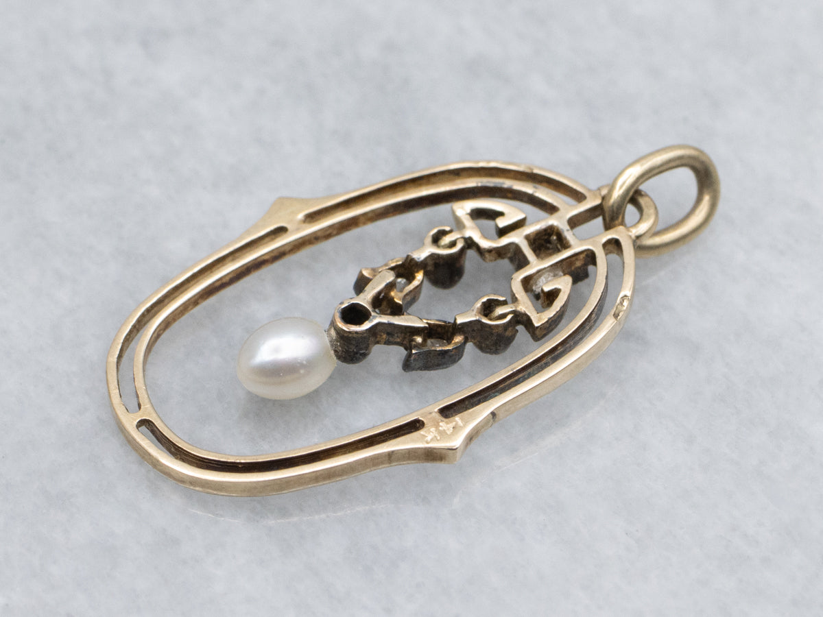 Antique Rose Cut Diamond and Pearl Enamel Pendant