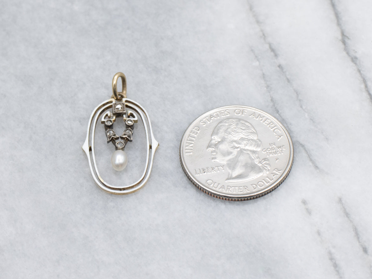 Antique Rose Cut Diamond and Pearl Enamel Pendant