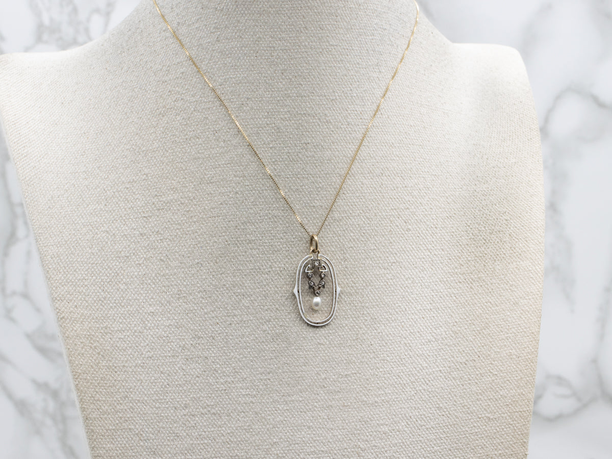 Antique Rose Cut Diamond and Pearl Enamel Pendant