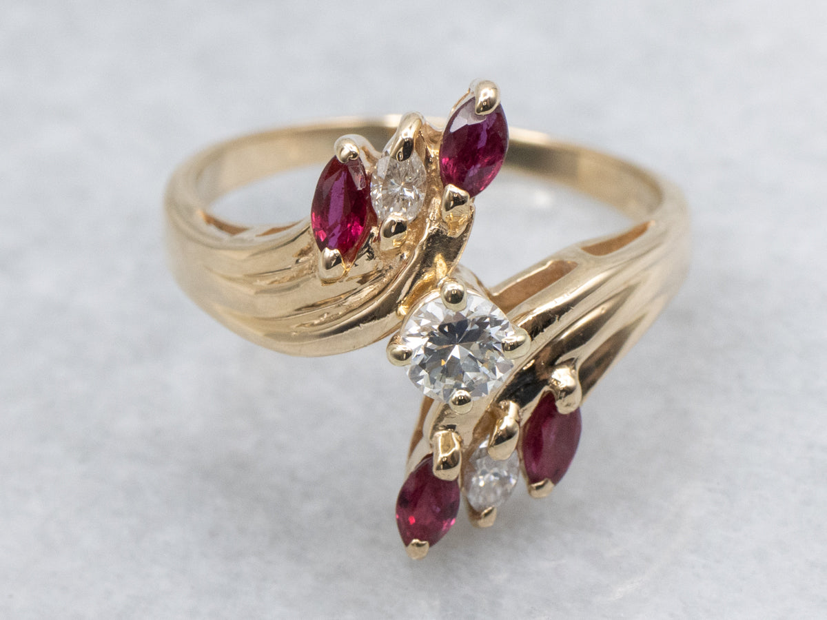 Vintage Mix-Cut Diamond and Ruby Gold Bypass Ring