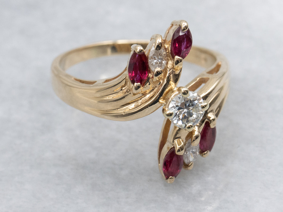 Vintage Mix-Cut Diamond and Ruby Gold Bypass Ring