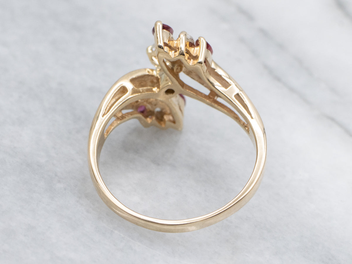Vintage Mix-Cut Diamond and Ruby Gold Bypass Ring