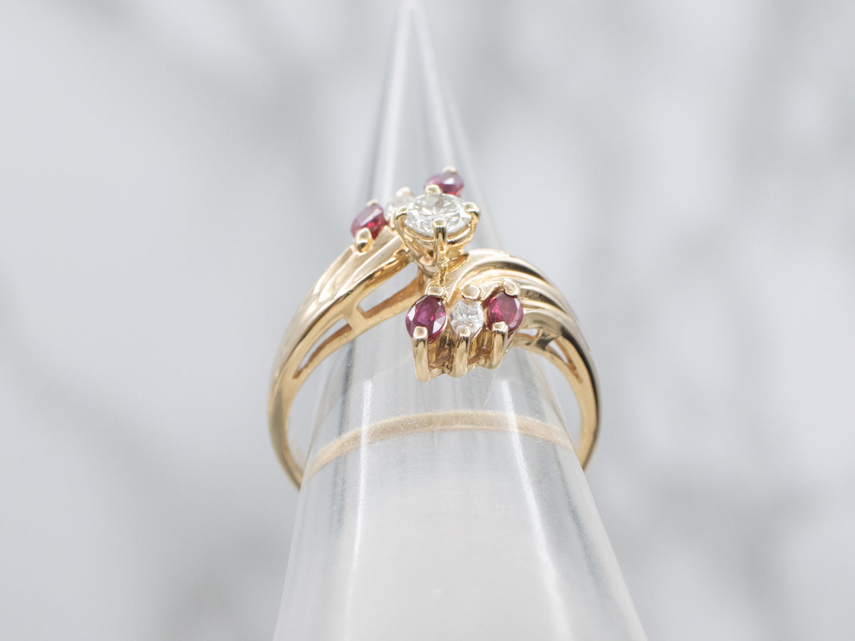 Vintage Mix-Cut Diamond and Ruby Gold Bypass Ring