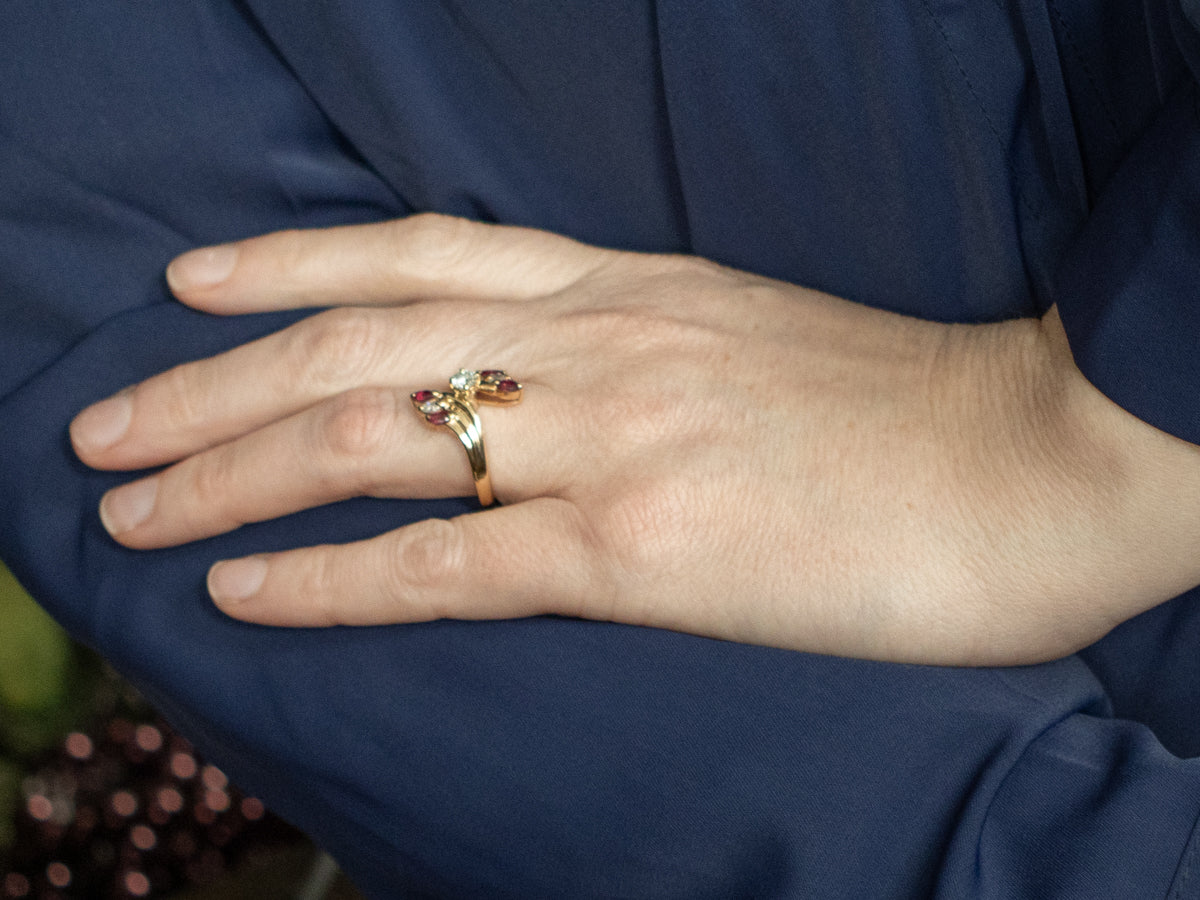 Vintage Mix-Cut Diamond and Ruby Gold Bypass Ring