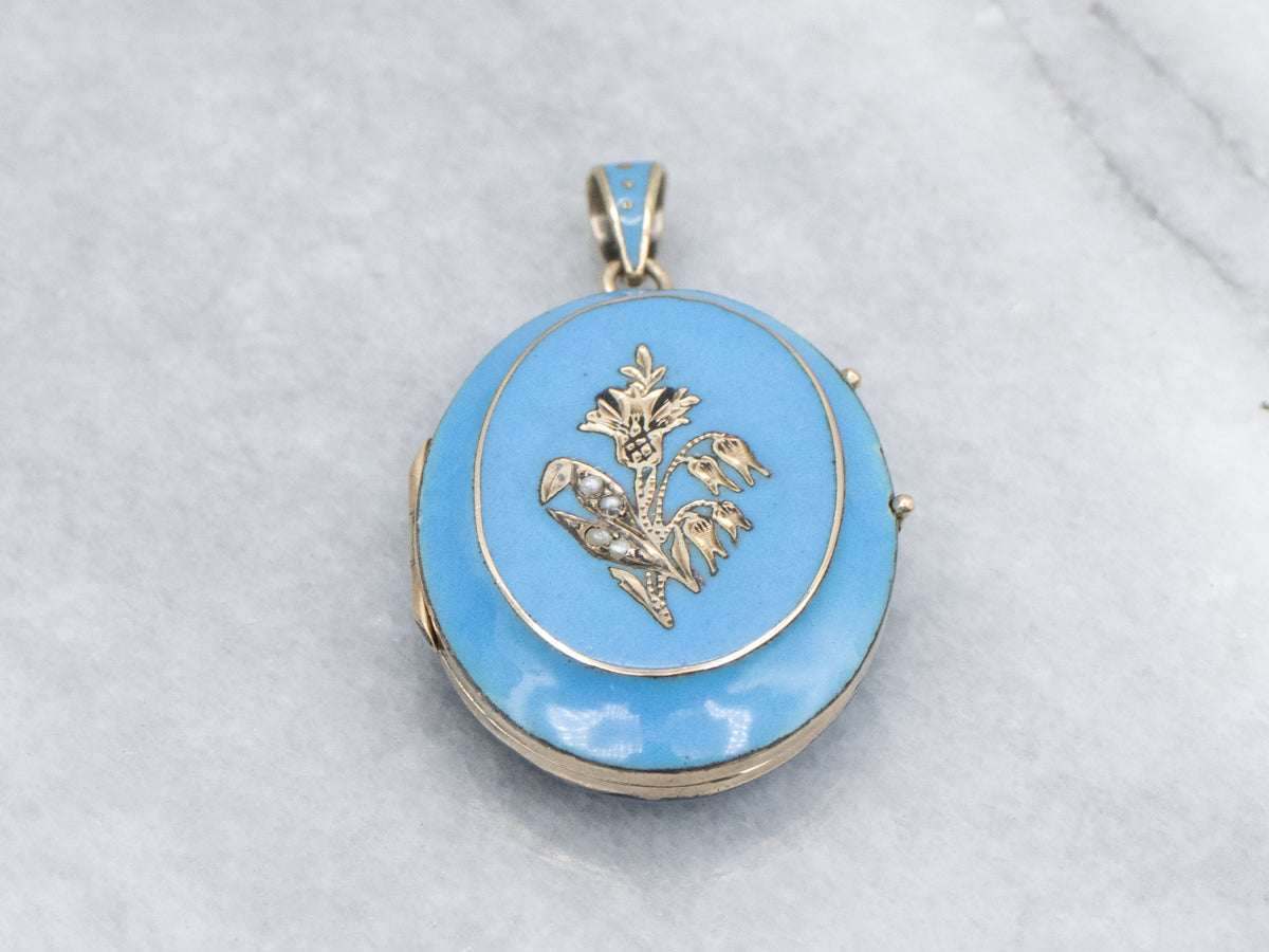 Antique Seed Pearl and Blue Enamel Floral Locket with Decorated Bail