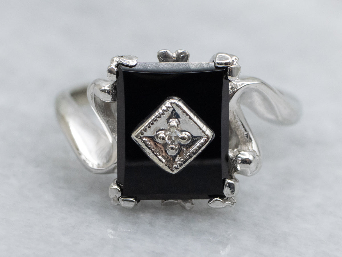Retro Black Onyx and Diamond White Gold Bypass Ring